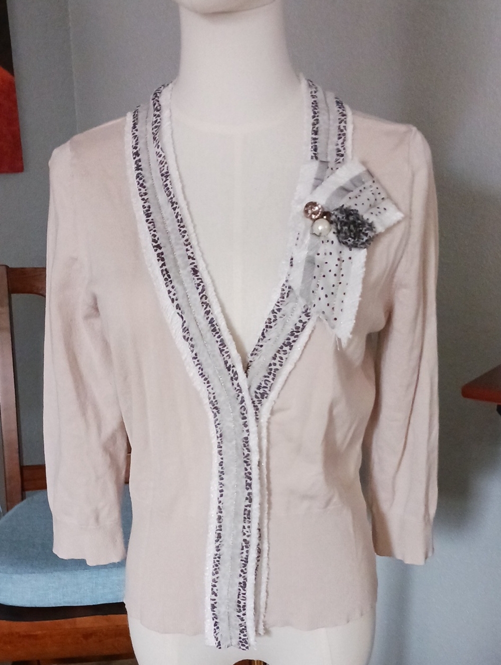 White House Black Market Cream Decorative-Trim Cardigan with Brooch Accent